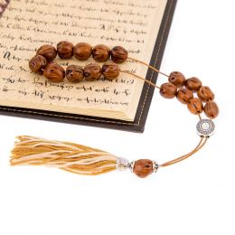 Greek Worry Beads or Komboloi - Handmade, Brown Nutmeg Seed Aromatic Beads with Alpaca Metal Parts on Pure Silk Cord & Rich Tassel