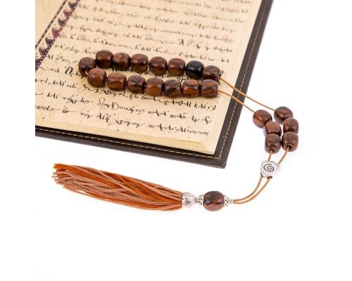 Greek Worry Beads or Komboloi, Handmade, Brown Obsidian Gemstone Beads with Alpaca Metal Parts on a Pure Silk Cord & Rich Tassel