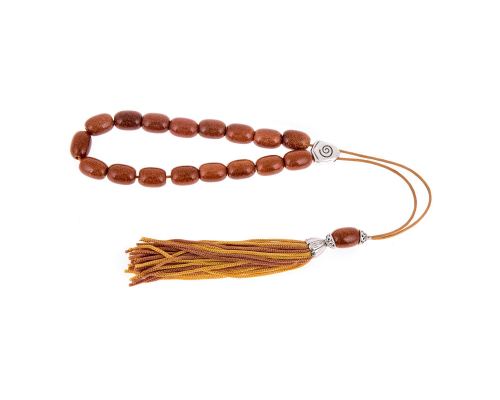 Greek Worry Beads or Komboloi - Handmade, Brown Peridot or Chrysolite Gemstone (Long Beads) with Alpaca Metal Parts on Pure Silk Cord & Tassel