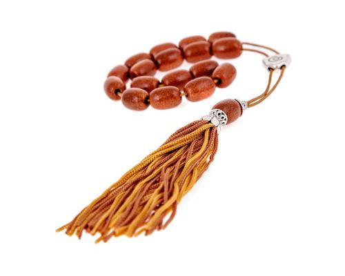 Greek Worry Beads or Komboloi - Handmade, Brown Peridot or Chrysolite Gemstone (Long Beads) with Alpaca Metal Parts on Pure Silk Cord & Tassel