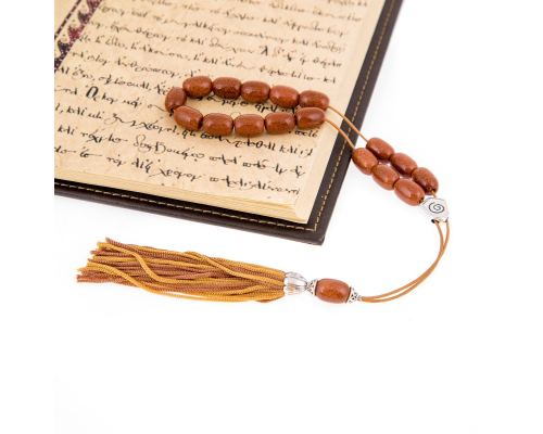 Greek Worry Beads or Komboloi - Handmade, Brown Peridot or Chrysolite Gemstone (Long Beads) with Alpaca Metal Parts on Pure Silk Cord & Tassel