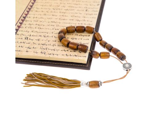 Greek Worry Beads or Komboloi - Handmade, Brown Yusuri or Coral Stone Beads with Alpaca Metal Parts on a Pure Silk Cord & Rich Tassel