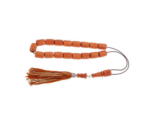 Greek Worry Beads or Komboloi - Handmade, Eucalyptus Wood Beads with 925 Sterling Silver Metal Parts on Pure Silk Cord & Tassel