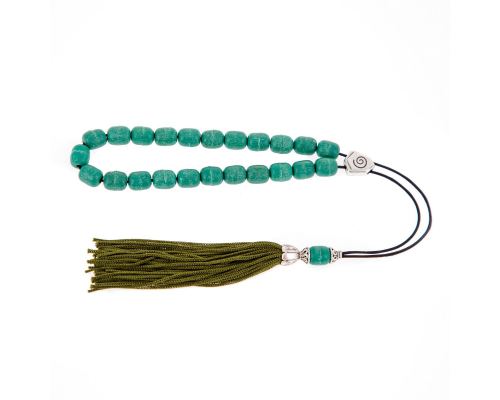 Greek Worry Beads or Komboloi - Handmade, Green Incense Aromatic Beads with Alpaca Metal Parts on Pure Silk Cord & Rich Tassel