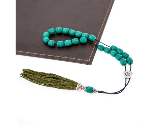 Greek Worry Beads or Komboloi - Handmade, Green Incense Aromatic Beads with Alpaca Metal Parts on Pure Silk Cord & Rich Tassel