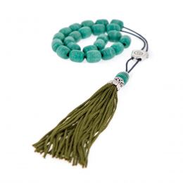 Greek Worry Beads or Komboloi - Handmade, Green Incense Aromatic Beads with Alpaca Metal Parts on Pure Silk Cord & Rich Tassel