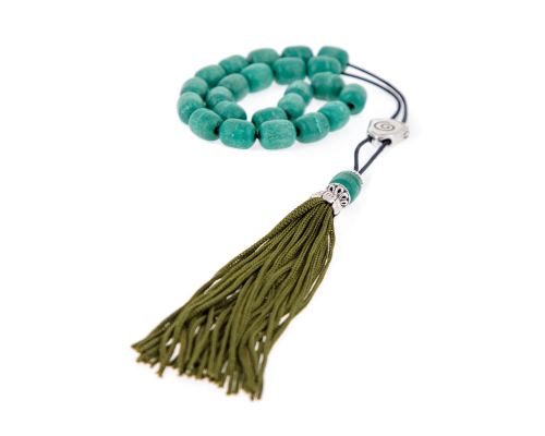 Greek Worry Beads or Komboloi - Handmade, Green Incense Aromatic Beads with Alpaca Metal Parts on Pure Silk Cord & Rich Tassel