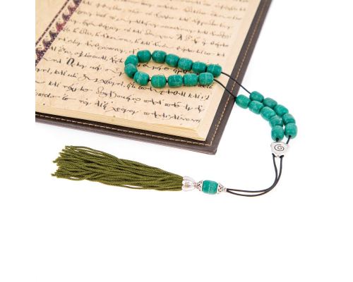 Greek Worry Beads or Komboloi - Handmade, Green Incense Aromatic Beads with Alpaca Metal Parts on Pure Silk Cord & Rich Tassel