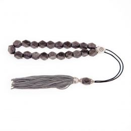 Greek Worry Beads or Komboloi - Handmade, Grey Obsidian Edged Gemstone Beads with Alpaca Metal Parts on a Pure Silk Cord & Rich Tassel