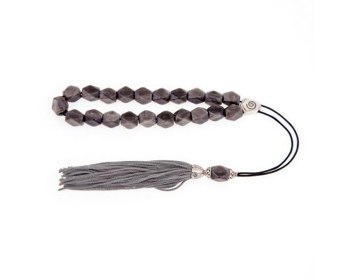 Greek Worry Beads or Komboloi - Handmade, Grey Obsidian Edged Gemstone Beads with Alpaca Metal Parts on a Pure Silk Cord & Rich Tassel