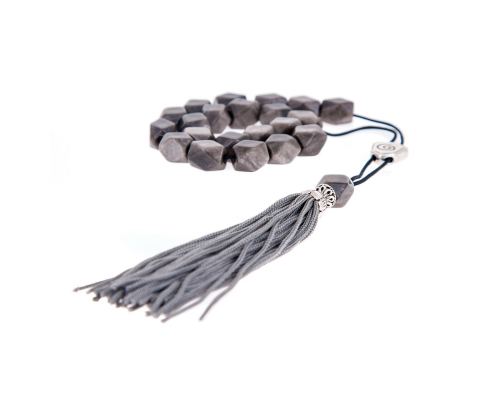 Greek Worry Beads or Komboloi - Handmade, Grey Obsidian Edged Gemstone Beads with Alpaca Metal Parts on a Pure Silk Cord & Rich Tassel