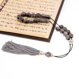 Greek Worry Beads or Komboloi - Handmade, Grey Obsidian Edged Gemstone Beads with Alpaca Metal Parts on a Pure Silk Cord & Rich Tassel