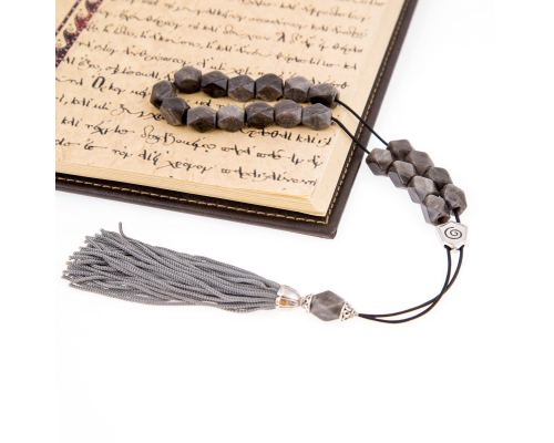 Greek Worry Beads or Komboloi - Handmade, Grey Obsidian Edged Gemstone Beads with Alpaca Metal Parts on a Pure Silk Cord & Rich Tassel