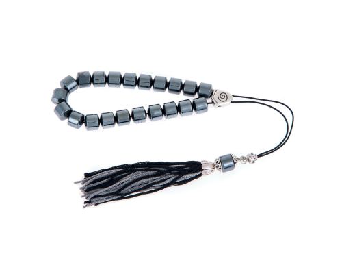 Greek Worry Beads or Komboloi - Handmade, Hematite Gemstone (Long Beads) with Alpaca Parts on Pure Silk Cord & Tassel