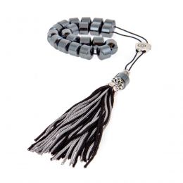 Greek Worry Beads or Komboloi - Handmade, Hematite Gemstone (Long Beads) with Alpaca Parts on Pure Silk Cord & Tassel