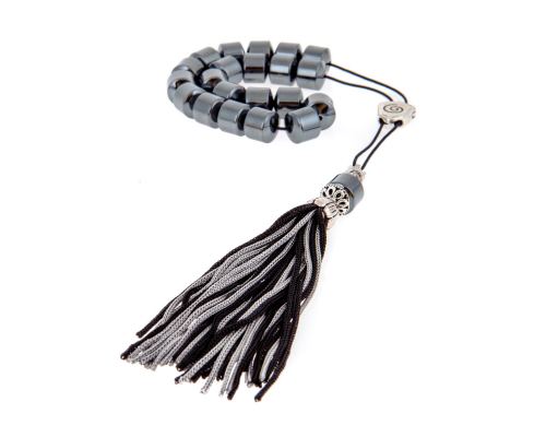 Greek Worry Beads or Komboloi - Handmade, Hematite Gemstone (Long Beads) with Alpaca Parts on Pure Silk Cord & Tassel