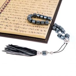 Greek Worry Beads or Komboloi - Handmade, Hematite Gemstone (Long Beads) with Alpaca Parts on Pure Silk Cord & Tassel