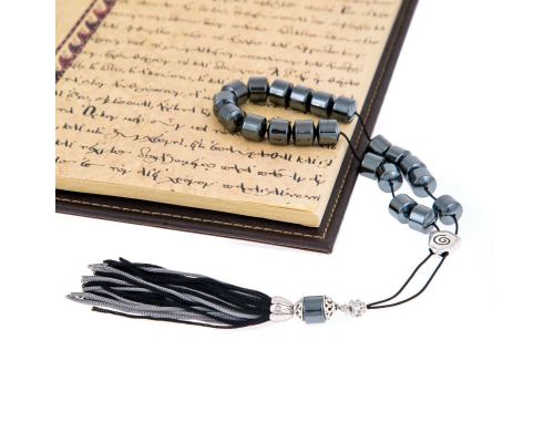 Greek Worry Beads or Komboloi - Handmade, Hematite Gemstone (Long Beads) with Alpaca Parts on Pure Silk Cord & Tassel