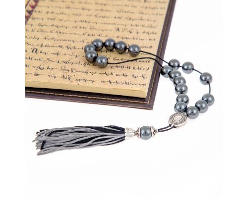 Greek Worry Beads or Komboloi - Handmade, Hematite Gemstone Beads with Alpaca Parts on Pure Silk Cord & Tassel