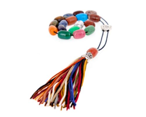 Greek Worry Beads or Komboloi - Handmade, Multi color Beads with Alpaca Parts on a Pure Silk Cord & Tassel