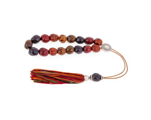 Greek Worry Beads or Komboloi - Handmade, Multicolor Nutmeg Seed Aromatic Beads with Alpaca Parts on Pure Silk Cord & Rich Tassel