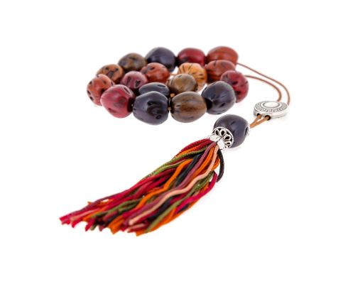 Greek Worry Beads or Komboloi - Handmade, Multicolor Nutmeg Seed Aromatic Beads with Alpaca Parts on Pure Silk Cord & Rich Tassel