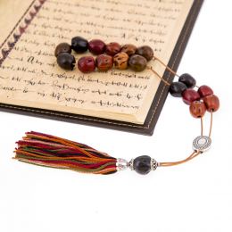 Greek Worry Beads or Komboloi - Handmade, Multicolor Nutmeg Seed Aromatic Beads with Alpaca Parts on Pure Silk Cord & Rich Tassel