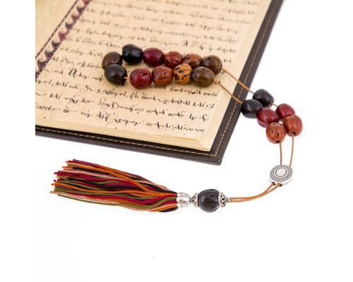 Greek Worry Beads or Komboloi - Handmade, Multicolor Nutmeg Seed Aromatic Beads with Alpaca Parts on Pure Silk Cord & Rich Tassel