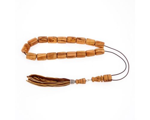 Greek Worry Beads or Komboloi - Handmade, Olive Wood Beads with 925 Sterling Silver Metal Parts on Pure Silk Cord & Rich Tassel, Large