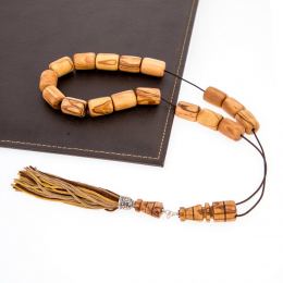 Greek Worry Beads or Komboloi - Handmade, Olive Wood Beads with 925 Sterling Silver Metal Parts on Pure Silk Cord & Rich Tassel, Large