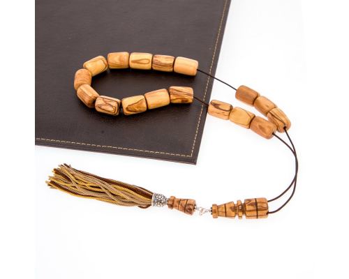 Greek Worry Beads or Komboloi - Handmade, Olive Wood Beads with 925 Sterling Silver Metal Parts on Pure Silk Cord & Rich Tassel, Large
