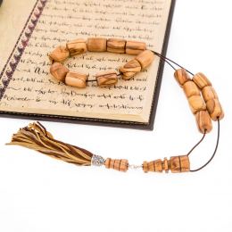 Greek Worry Beads or Komboloi - Handmade, Olive Wood Beads with 925 Sterling Silver Metal Parts on Pure Silk Cord & Rich Tassel, Large