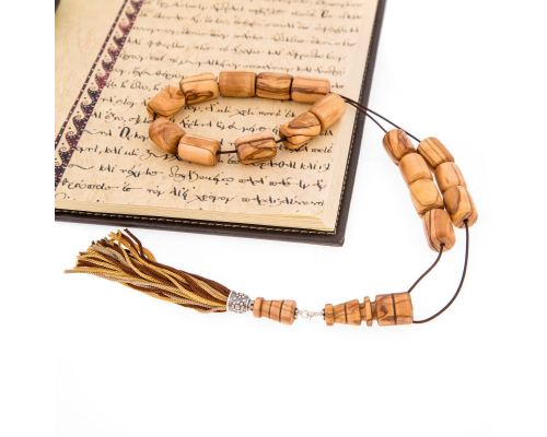 Greek Worry Beads or Komboloi - Handmade, Olive Wood Beads with 925 Sterling Silver Metal Parts on Pure Silk Cord & Rich Tassel, Large