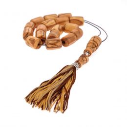 Greek Worry Beads or Komboloi - Handmade, Olive Wood Beads with 925 Sterling Silver Metal Parts on Pure Silk Cord & Rich Tassel, Large