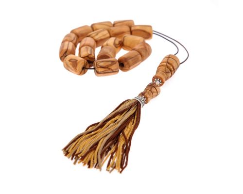 Greek Worry Beads or Komboloi - Handmade, Olive Wood Beads with 925 Sterling Silver Metal Parts on Pure Silk Cord & Rich Tassel, Large