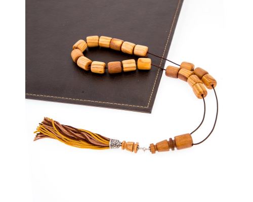 Greek Worry Beads or Komboloi - Handmade, Olive Wood Beads with 925 Sterling Silver Metal Parts on Pure Silk Cord & Rich Tassel, Small