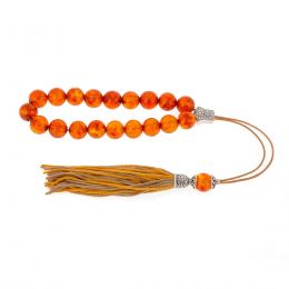 Greek Worry Beads or Komboloi - Handmade, Orange Amber Gemstone Beads with 925 Sterling Silver Parts on Pure Silk Cord & Rich Tassel