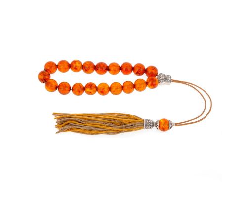 Greek Worry Beads or Komboloi - Handmade, Orange Amber Gemstone Beads with 925 Sterling Silver Parts on Pure Silk Cord & Rich Tassel