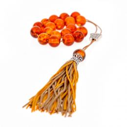 Greek Worry Beads or Komboloi - Handmade, Orange Amber Gemstone Beads with 925 Sterling Silver Parts on Pure Silk Cord & Rich Tassel