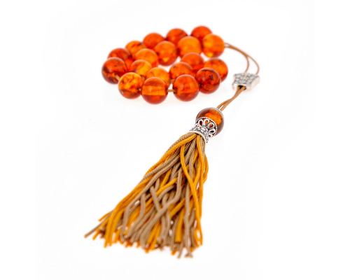 Greek Worry Beads or Komboloi - Handmade, Orange Amber Gemstone Beads with 925 Sterling Silver Parts on Pure Silk Cord & Rich Tassel