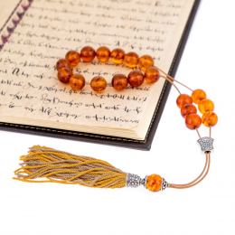 Greek Worry Beads or Komboloi - Handmade, Orange Amber Gemstone Beads with 925 Sterling Silver Parts on Pure Silk Cord & Rich Tassel