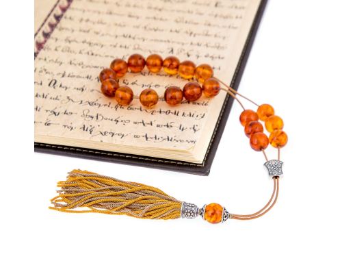 Greek Worry Beads or Komboloi - Handmade, Orange Amber Gemstone Beads with 925 Sterling Silver Parts on Pure Silk Cord & Rich Tassel