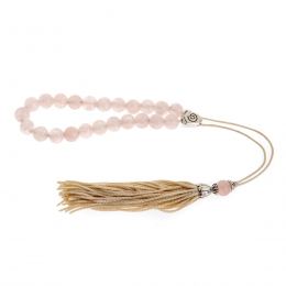 Greek Worry Beads or Komboloi - Handmade, Pink Quartz Gemstone Beads with Alpaca Metal Parts on Pure Silk Cord & Tassel