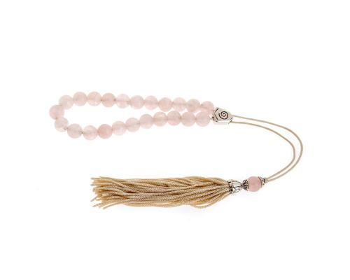 Greek Worry Beads or Komboloi - Handmade, Pink Quartz Gemstone Beads with Alpaca Metal Parts on Pure Silk Cord & Tassel