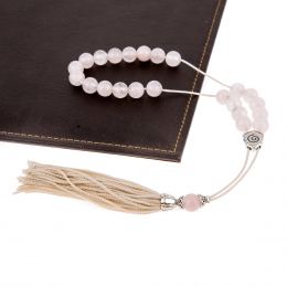 Greek Worry Beads or Komboloi - Handmade, Pink Quartz Gemstone Beads with Alpaca Metal Parts on Pure Silk Cord & Tassel