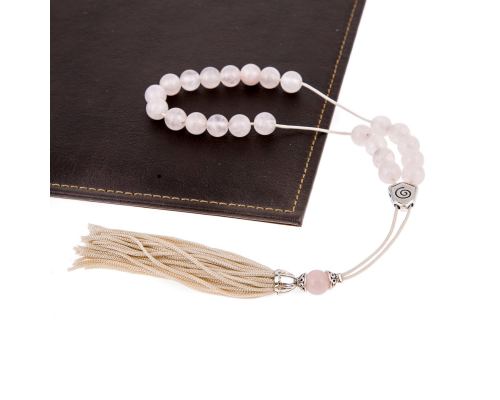 Greek Worry Beads or Komboloi - Handmade, Pink Quartz Gemstone Beads with Alpaca Metal Parts on Pure Silk Cord & Tassel