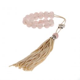 Greek Worry Beads or Komboloi - Handmade, Pink Quartz Gemstone Beads with Alpaca Metal Parts on Pure Silk Cord & Tassel