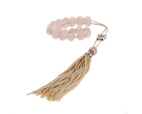 Greek Worry Beads or Komboloi - Handmade, Pink Quartz Gemstone Beads with Alpaca Metal Parts on Pure Silk Cord & Tassel