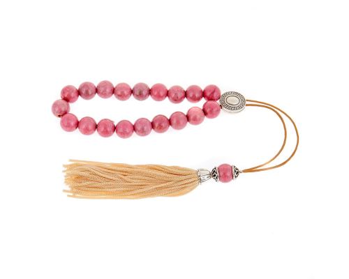 Greek Worry Beads or Komboloi - Handmade, Pink Rhodonite Gemstone Beads with Alpaca Metal Parts on Pure Silk Cord & Rich Tassel