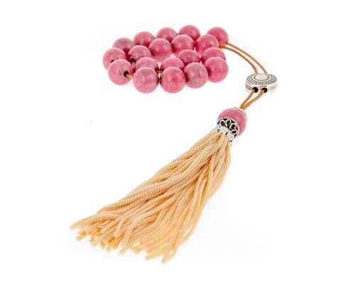 Greek Worry Beads or Komboloi - Handmade, Pink Rhodonite Gemstone Beads with Alpaca Metal Parts on Pure Silk Cord & Rich Tassel